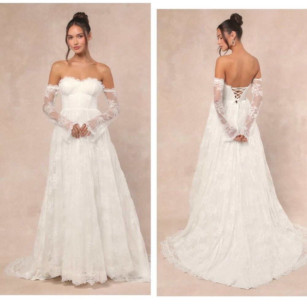 Lulu's Ivory Off-the-Shoulder Lace Bridal Gown with Lace-Up Back
